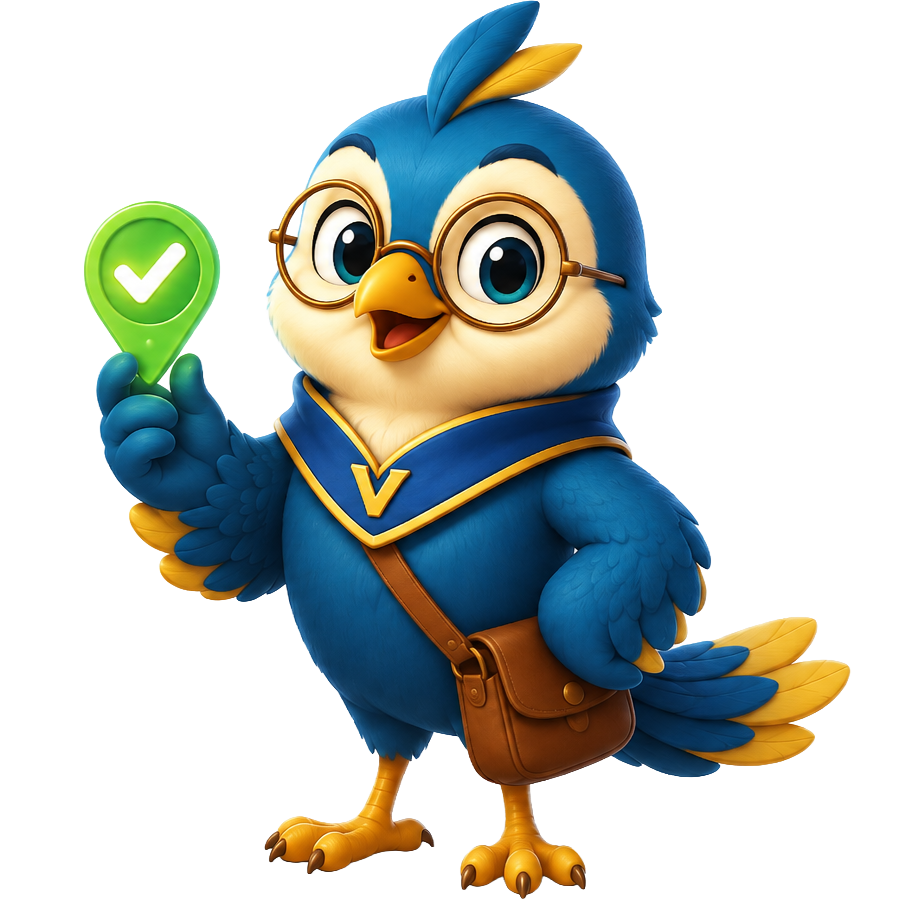 Veris the Vireo, the VerisGov agent: a sharp-eyed bird in glasses holding a green verification checkmark, with a courier satchel and a V emblem.